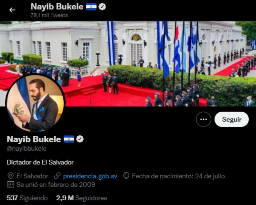 El Presidente Nayib Bukele Escribe En Su Biografía De Twitter Dictador De El Salvador El 0430