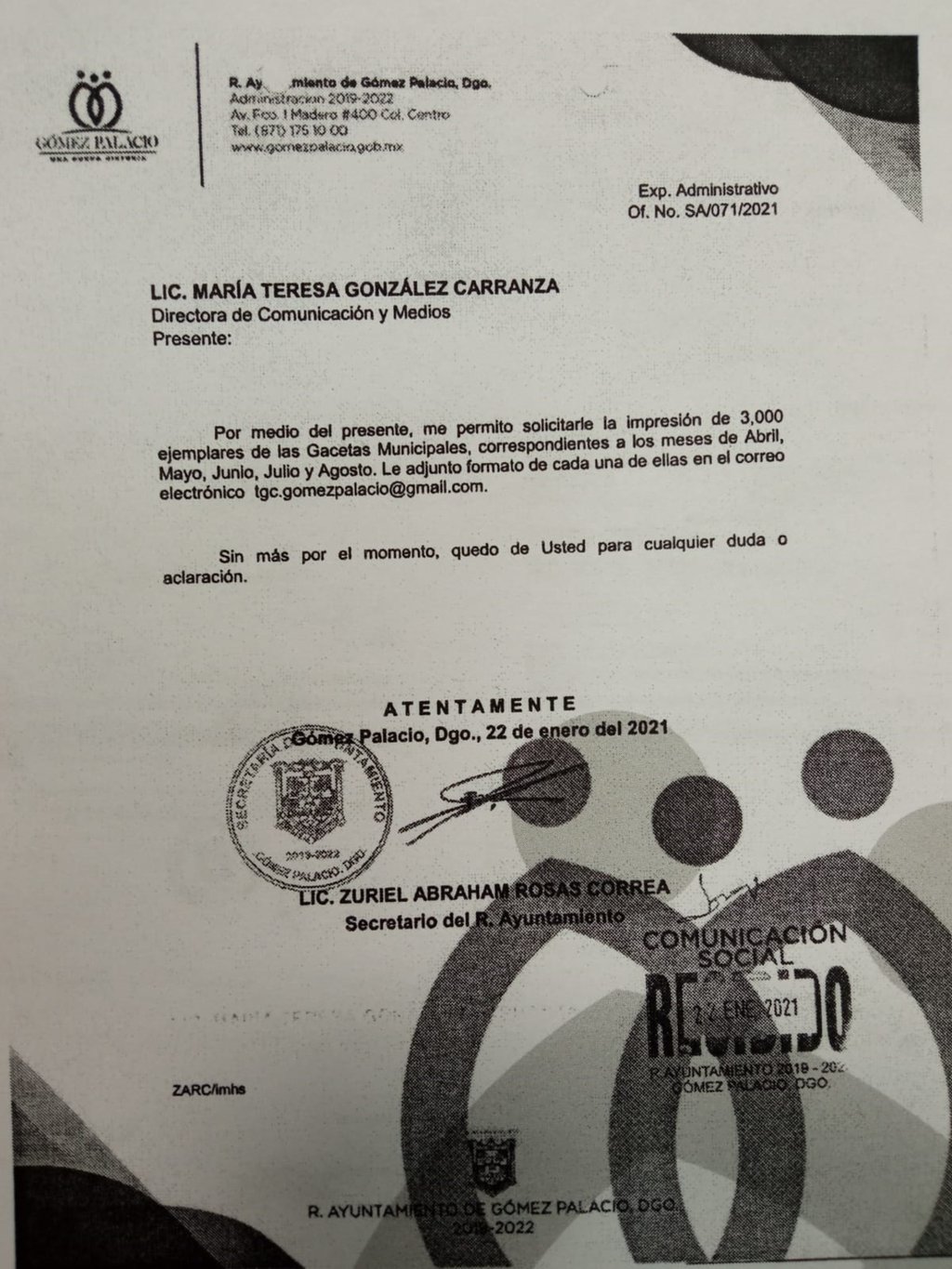 La funcionaria afirmó que la impresión de 3 mil ejemplares de Gacetas Municipales, fueron solicitadas por el entonces secretario del Ayuntaminto. (EL SIGLO DE TORREÓN)