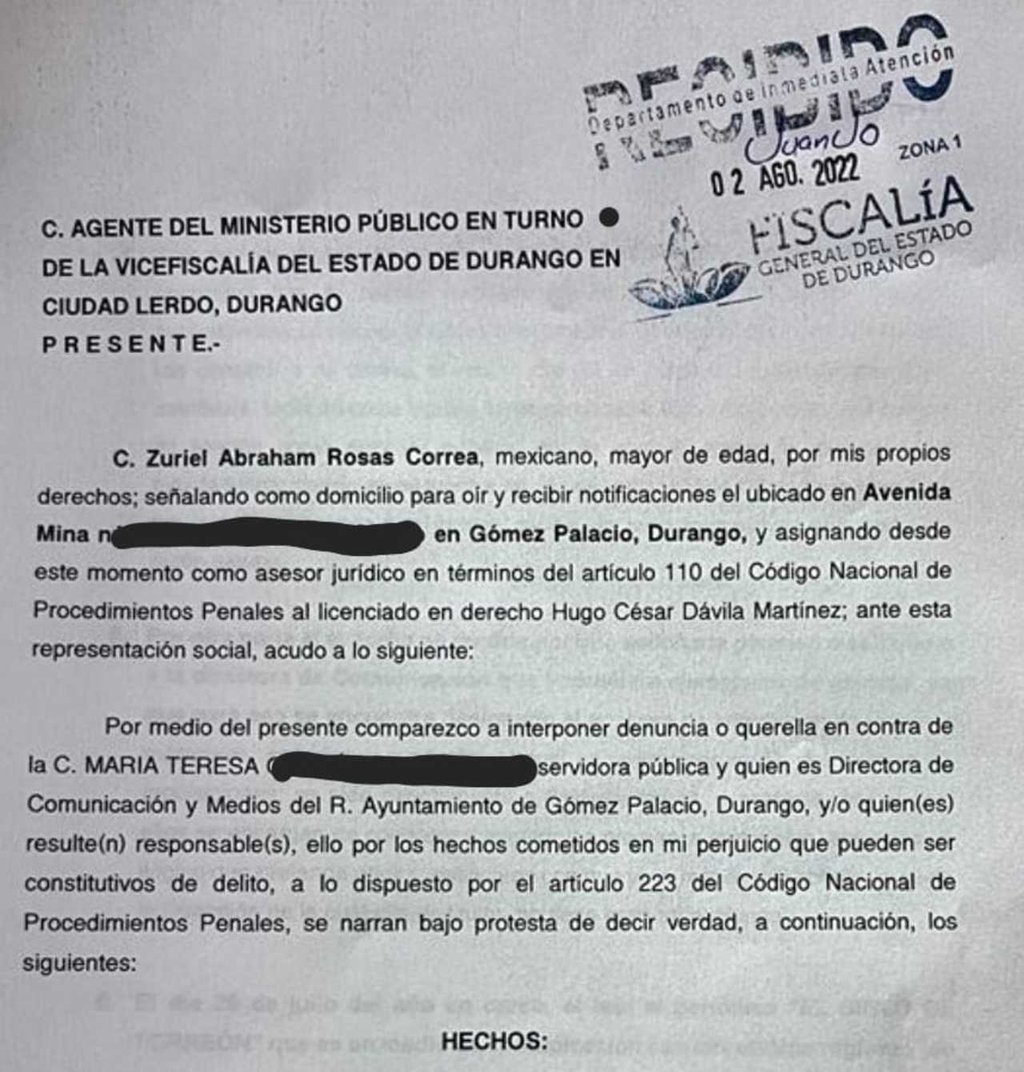 La denuncia fue interpuesta y ratificada por el exsecretario del Ayuntamiento, Zuriel Rosas Correa. (EL SIGLO DE TORREÓN)