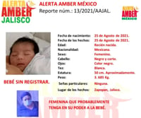 Activan Alerta Amber para localizar a bebé robada en Jalisco