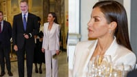 Con un traje sastre blanco y diamantes, la reina Letizia entrega premio de periodismo