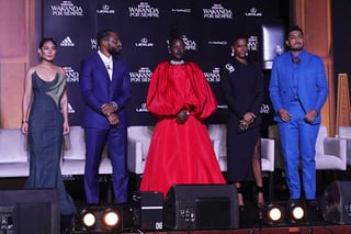 From left to right, actor Mabel Cadena, Director Ryan Coogler, actor Lupita Nyongo, actor Letitia Wright and Tenoch Huerta pose for photographers on the red carpet at the premiere of Black Panther: Wakanda Forever in Naucalpan, Mexico state, Mexico, Wednesday, Nov. 9, 2022. (AP Photo/Marco Ugarte)