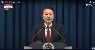 Seoul (Korea, Republic Of), 03/12/2024.- A handout screengrab made available by KTV shows South Korean President Yoon Suk Yeol declaring martial law in a televised emergency address delivered from the presidential office in Seoul, South Korea, 03 December 2024. The head of state addressed the nation citing the need to root out pro-North Korean forces and uphold the constitutional order. (Corea del Sur, Seúl) EFE/EPA/KTV HANDOUT SOUTH KOREA OUT - BEST QUALITY AVAILABLEHANDOUT EDITORIAL USE ONLY/NO SALES
