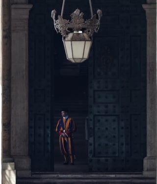 En las fotografías aparecen miembros de la Guardia Suiza Pontificia, fundada por el papa Julio II en 1506, un cuerpo militar compuesto de ciudadanos suizos cuya tarea es velar por la seguridad del papa y de su residencia. 

Durante la Sede Vacante dependen del Colegio Cardenalicio, que funciona bajo la autoridad del cardenal camarlengo, asistido por tres cardenales asistentes pro tempore. Serán de las fuerzas encargadas de custodiar el cónclave.