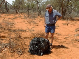 Desechos espaciales. En la imagen el granjero australiano James Striton  junto a un objeto de metal que él descubrió en su granja de Cheepie, a 130 kilómetros de Charleville en el Suroeste de Queensland (Australia). La bola de metal retorcido es, al parecer, basura espacial, posiblemente producto de un cohete usado para lanzar satélites al espacio.  EFE