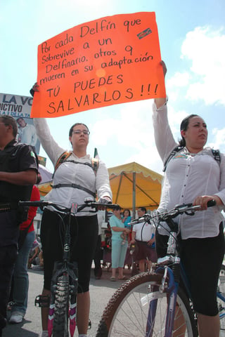 Inconformes. La manifestación contra el espectáculo de delfines y lobos marinos de la Feria de Torreón se concentró en la calzada Colón y la avenida Juárez durante este domingo.