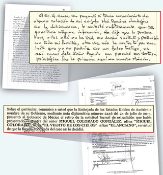 Caso. Una carta enviada por Miguel Colorado, en la que acusa intimidación de agentes de EU; abajo, desistimiento del gobierno estadounidense para extraditarlo.