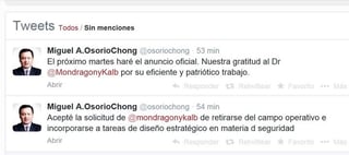 A través de su cuenta de Twitter, el secretario de Gobernación, Miguel Ángel Osorio Chong, confirmó la salida de Manuel Mondragón y Kalb como titular de la Comisión Nacional de Seguridad (CNS) y adelantó que el próximo martes 18 de marzo hará el anuncio oficial. (Foto: Especial/RCC)