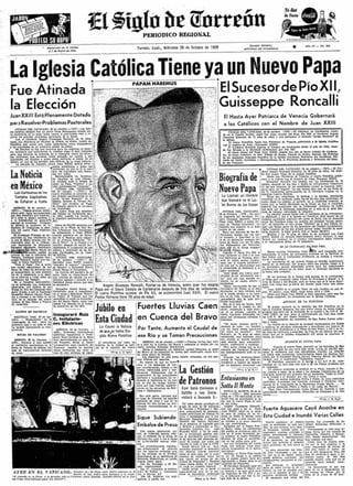 Así se publicó en El Siglo de Torreón el nombramiento como Papa de San Juan XXIII. 