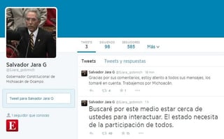Salvador Jara Guerrero, estrenó hoy su cuenta oficial en la red social Twitter @SJara_gobmich. 