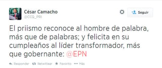 El líder nacional del PRI, César Camacho Quiroz, felicitó al presidente por medio de su cuenta de Twitter. (Internet) 