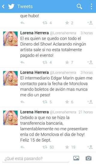 Mediante la cuenta oficial de twitter @Lorenaherrera, la oficina de la cantante advirtió lo que podría ser un presunto fraude, tras señalar que el intermediario se quedó con el dinero.