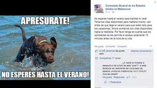 El anuncio fue colocado en la página de Facebook de la sede diplomática y en este se aprecia la fotografía de un perro cruzando a nado un río, y se lee un texto que dice: 'No esperes hasta el verano para tramitar tu visa!'. (TWITTER)