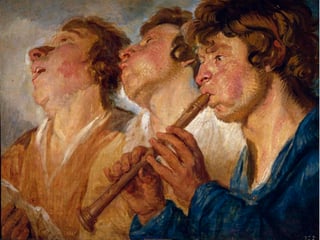 En la obra, tres músicos aparecen representados de busto. El primero toca una flauta, mientras los otros dos cantan al compás de una partitura que uno de ellos sostiene en sus manos. (MUSEO DEL PRADO)
