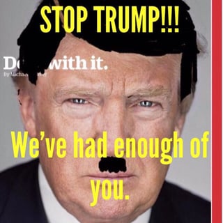 En la imagen, le pintó el cabello de negro al dueño de Miss Universo y le puso bigote emulando a Hitler y además le escribió en la misma “Alto Trump! Ya hemos tenido suficiente de ti”.(Twitter)