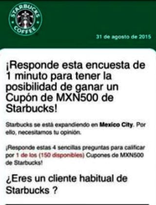 La compañía Eset hizo un anuncio sobre un software malicioso de WhatsApp usando supuestamente a la empresa de café Starbucks.