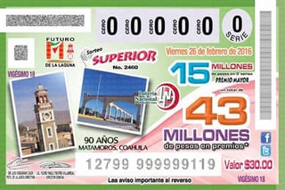 Billete especial. La Lotería Nacional festejará los 90 años de Matamoros como ciudad. (EL SIGLO DE TORREÓN)