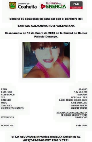 Se trata de Yaritza Alejandra Ruiz Valenciana, una joven de 18 años de edad. (ARCHIVO)
