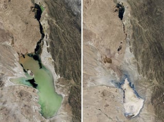 Las tres fotografías muestran la reducción paulatina de la masa de agua, con una profundidad de solo 3 metros. (EFE)