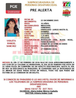 Violeta Rangel Sánchez tiene el cabello ondulado, largo hasta el hombro, mide un metro con 25 centímetros y es de complexión delgada. (ESPECIAL)

