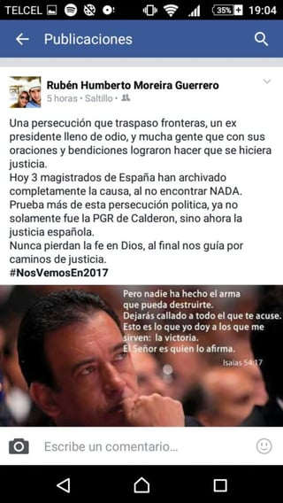 El hijo del exgobernador de Coahuila compartió un mensaje mediante su cuenta de Facebook. (ESPECIAL)