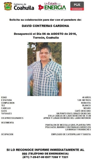 David Contreras desapareció el pasado 6 de agosto en Torreón. (ESPECIAL) 
