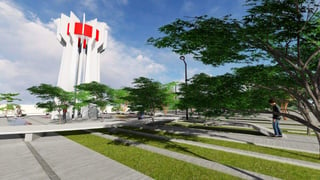 En presentación del proyecto del Metrobús, la 'estación Nazas' quedará así con el monumento al Torreón. (EL SIGLO DE TORREÓN)