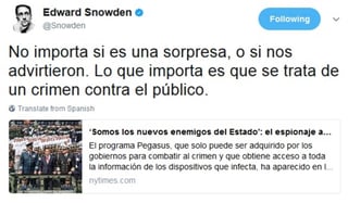 Une su voz. El exagente estadounidense de inteligencia Edward Snowden calificó de 'crimen contra el público' el supuesto espionaje gubernamental a activistas y comunicadores mexicanos, en un mensaje en espeñol difundido a través de su cuenta de Twitter.