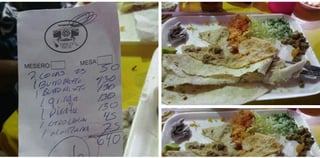En la cuenta que tuvo que pagar el ciudadano se señala que cada burrito y cada taco tuvieron un costo de 130 pesos, es decir 520 pesos por dos burritos, la gringa y el taco pirata. 