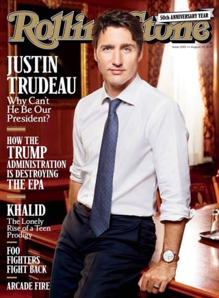 En la portada se muestra a un Trudeau con las mangas de la camisa remangadas y apoyado en el borde de un escritorio. (ESPECIAL)