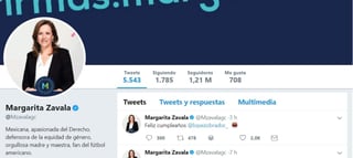 Margarita Zavala, aspirante independiente a la Presidencia de la República, le envió en Twitter una felicitación breve al tabasqueño, acompañado del icono de un pastel. (ESPECIAL) 