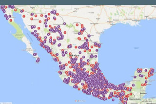 Feminicidios. El mapa creado por María Salguero, se puede consultar a través de https://feminicidiosmx.crowdmap.com/.   