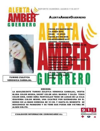 Yumiko Zuleyca Verónica Carbajal, de 15 años de edad, desapareció el viernes 24 de noviembre en Chilapa, Guerrero, y ayer domingo la Fiscalía General del Estado (FGE) emitió la alerta Amber para localizar a la adolescente. (TWITTER)
