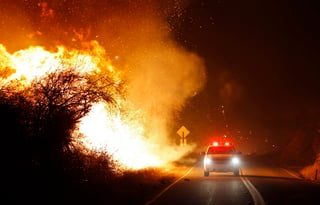 Los vientos de Santa Ana han propiciado que el fuego se extienda rápidamente en la zona comprendida entre la autopista 15 y la ruta estatal 76, por lo que los bomberos piden a la población seguir de cerca el comportamiento de este 'peligroso incendio'. (AP)