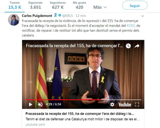 Asimismo, exigió que el gobierno español rectifique y “repare el daño causado y que restituya todo aquello que ha sido destituido sin el permiso de los catalanes”. (EFE)