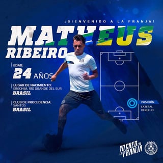 Matheus Ribeiro tiene 24 años y juego como lateral derecho. (Cortesía Puebla)