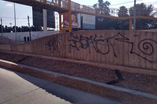 Daños. El rayón de grafiti se ubica en el camellón central, justo frente a la Unidad Deportiva de Torreón. (ROBERTO ITURRIAGA)