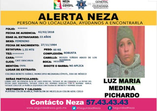 La Fiscalía General de Justicia del Estado de México emitió un 'boletín de urgencia' para la localización de Luz María Medina Pichardo, tía de la niña de 'las calcetitas rojas', quien aportó datos para la localización de los presuntos homicidas de la pequeña. (TWITTER)