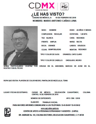 A través de un comunicado, la Procuraduría General de Justicia capitalina informó de la desaparición y búsqueda del periodista Mario Antonio Cañas Luna. (ARCHIVO)