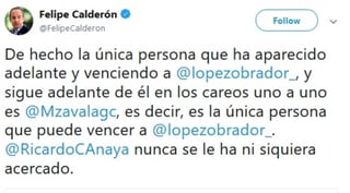 El expresidente Felipe Calderón dice que su esposa va arriba de AMLO en las encuestas. (TWITTER)