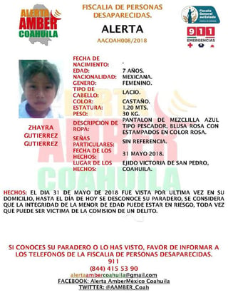 Alerta. La niña fue vista por última vez el pasado 31 de mayo en el ejido La Victoria, Municipio de San Pedro de las Colonias. 