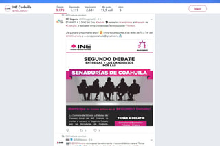 Llamado. Invitan a los ciudadanos a que envíen sus preguntas a los candidatos a través de las redes sociales del INE Coahuila. (TWITTER)