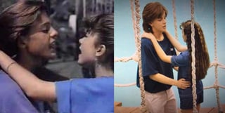 De lado izquierdo una escena de la película Fiebre de amor, de lado derecho la representación en la bioserie de Luis Miguel. (Especial)