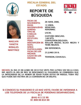 La menor fue vista por última vez el pasado 23 de junio del presente año en la Casa DIF de la ciudad de Torreón. (ESPECIAL) 
