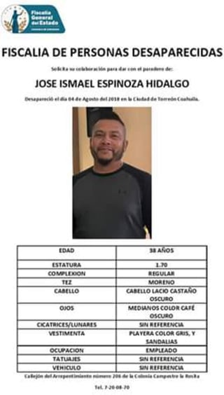 Piden ayuda para localizar a hombre desaparecido en Torreón