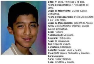 El municipio de Ciudad Juárez, Chihuahua, mantiene la alerta para localizar a Juan Manuel Ruiz García, conocido como 'Tomatito', de 11 años de edad, quien desapareció el miércoles 4 de julio, en la colonia Melchor Ocampo. (TWITTER)
