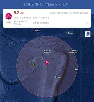 Un fuerte terremoto de magnitud 8.2 se sintió en Fiji.