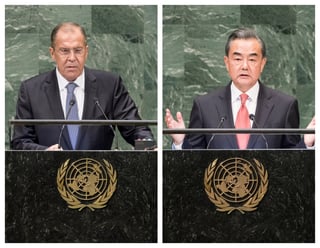 Refutan. Sergei Lavrov y Wang Yi hablaron ayer en la ONU y su oposición a Estados Unidos.