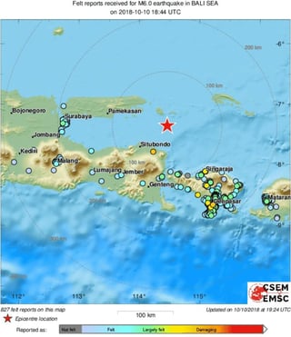 El terremoto más reciente azotó a primeras horas del jueves a unos 157 kilómetros (100 millas) al noroeste de la popular isla de Bali, con una profundidad de 10 kilómetros (6 millas). (ESPECIAL)