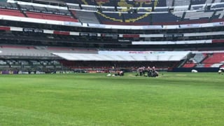 Es estos momentos, los jardineros del Estadio Azteca ha arrancado ya los trabajos para habilitar el césped para el partido de NFL en México. (Especial)